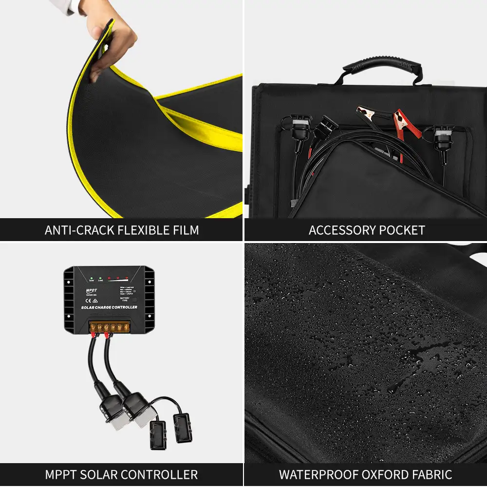 This 200W HPBC Folding Solar Panel ETFE Coating features a flexible black film, accessory pocket, MPPT controller, and waterproof oxford fabric.