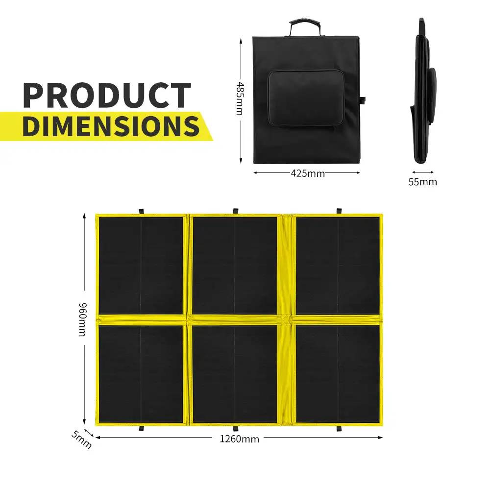 The 200W HPBC Folding Solar Panel ETFE Coating's dimensions are shown, detailing its compact black folded form and expansive yellow-bordered six-panel layout.