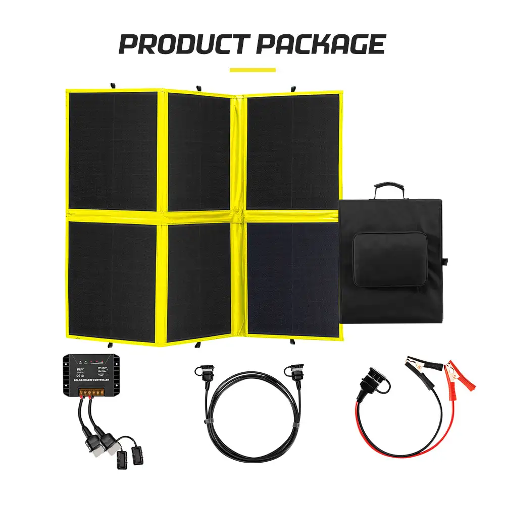 This 200W HPBC Folding Solar Panel ETFE Coating product package reveals the unfolded black and yellow panel, charge controller, and connection cables.
