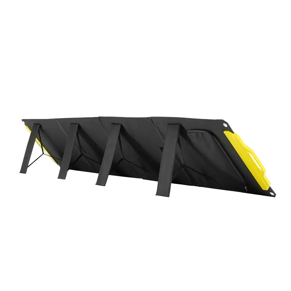 The 200W Monocrystalline Foldable Solar Panel with Handle and Kickstand is displayed from behind, revealing its black kickstands and yellow handle.