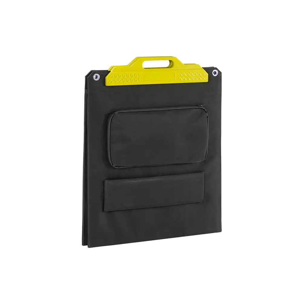 The 200W Monocrystalline Foldable Solar Panel with Handle and Kickstand is shown folded, revealing its black back, yellow carry handle, and two storage pockets.