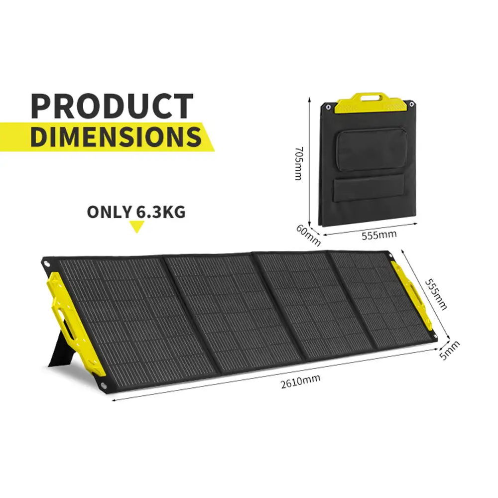 This 200W Monocrystalline Foldable Solar Panel with Handle and Kickstand, with black panels and yellow kickstand, shows its product dimensions and 6.3kg weight.