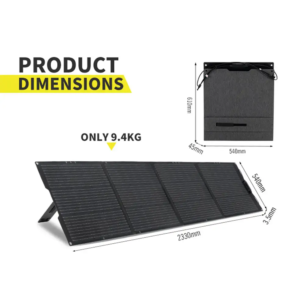 This 200W Monocrystalline Foldable Solar Panel with Kickstand shows its dark grey unfolded dimensions and compact folded form, weighing 9.4kg.