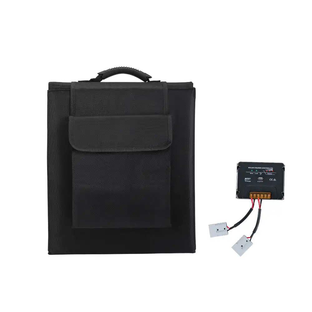 Black 200W Monocrystalline Foldable Solar Panel, folded with handle and pocket, connects to its MPPT charge controller with USB ports.