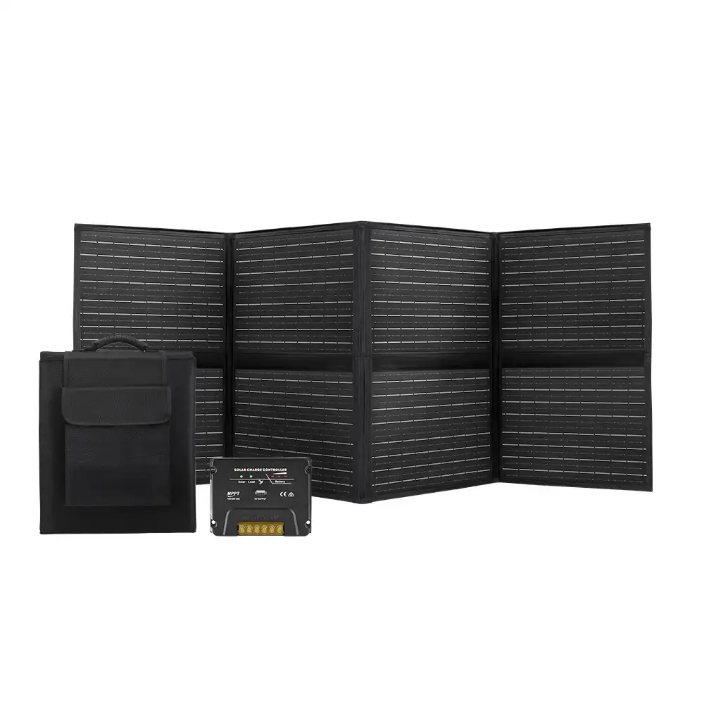 The 200W Monocrystalline Foldable Solar Panel is unfolded with black cells, its carrying case, and a charge controller featuring yellow ports.