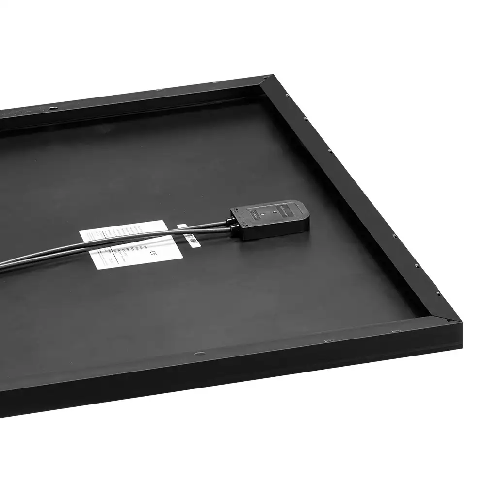 This 200W Shingled Rigid Solar Panel displays its black back, junction box with grey cables, and robust black frame.