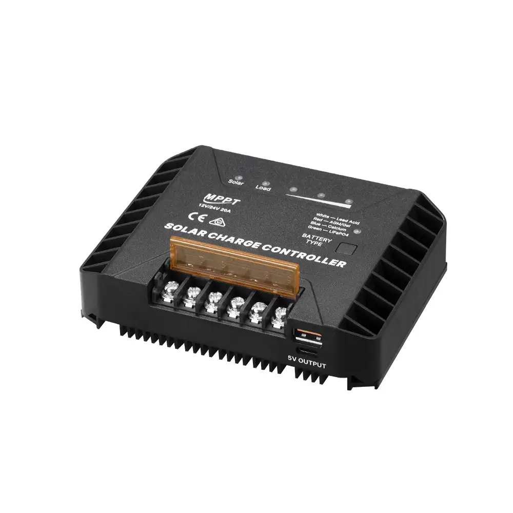 The black 20A 12V/24V MPPT Solar Charge Controller with Battery Select Function prominently displays its screw terminals, dual 5V USB ports, and battery type settings.
