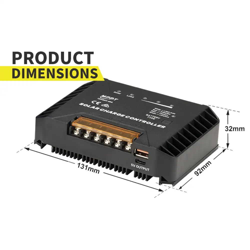 Black 20A 12V/24V MPPT Solar Charge Controller with Battery Select Function, displaying its 131x92x32mm dimensions, orange terminals, cooling fins, and 5V USB output.