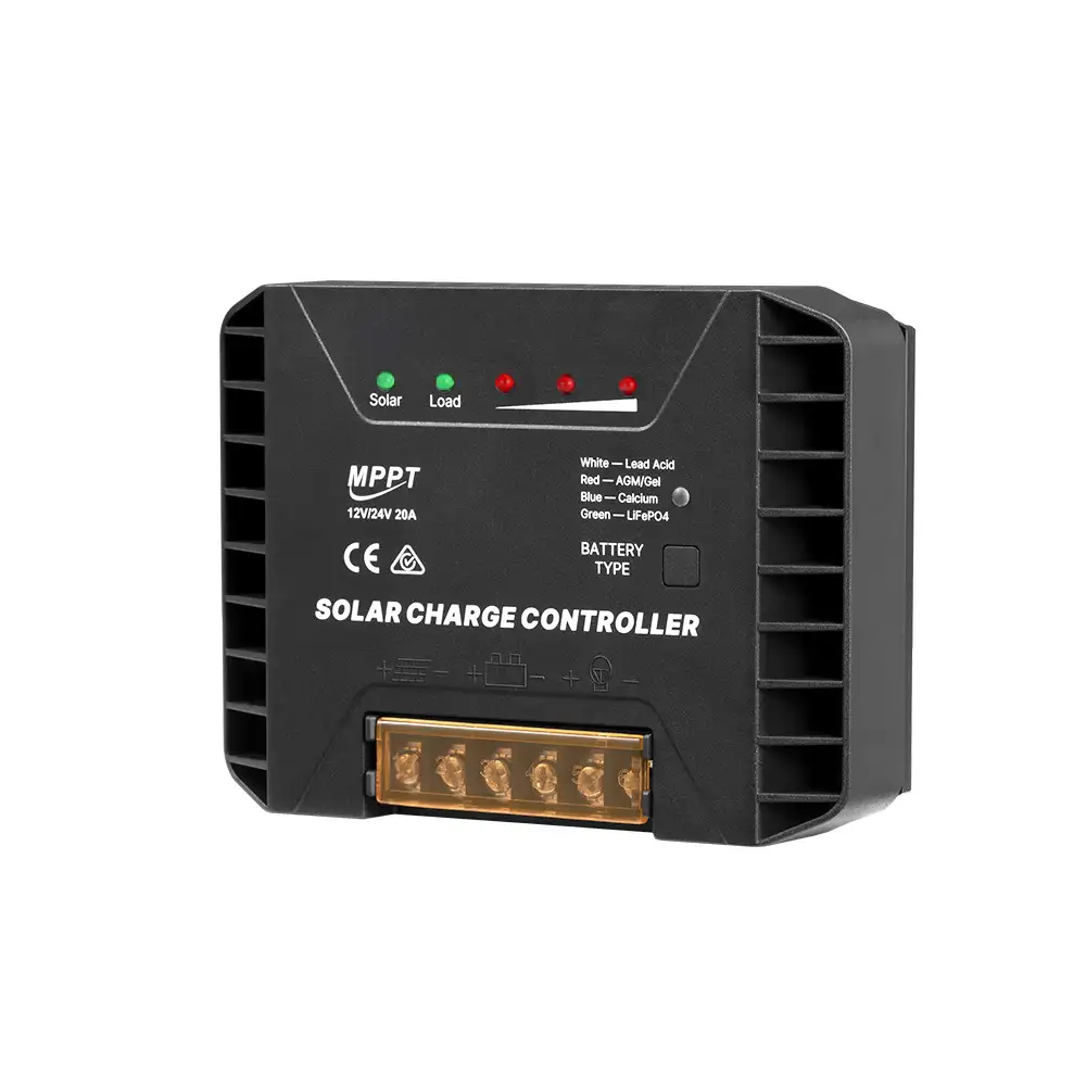 Black 20A 12V/24V MPPT Solar Charge Controller with Battery Select Function featuring LED indicators, cooling fins, and an amber terminal block.