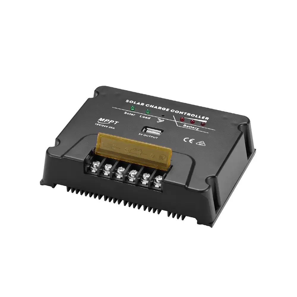 Black 20A 12V/24V MPPT Solar Charge Controller with USB Output, featuring LED indicators, 5V USB port, and amber-covered screw terminals.