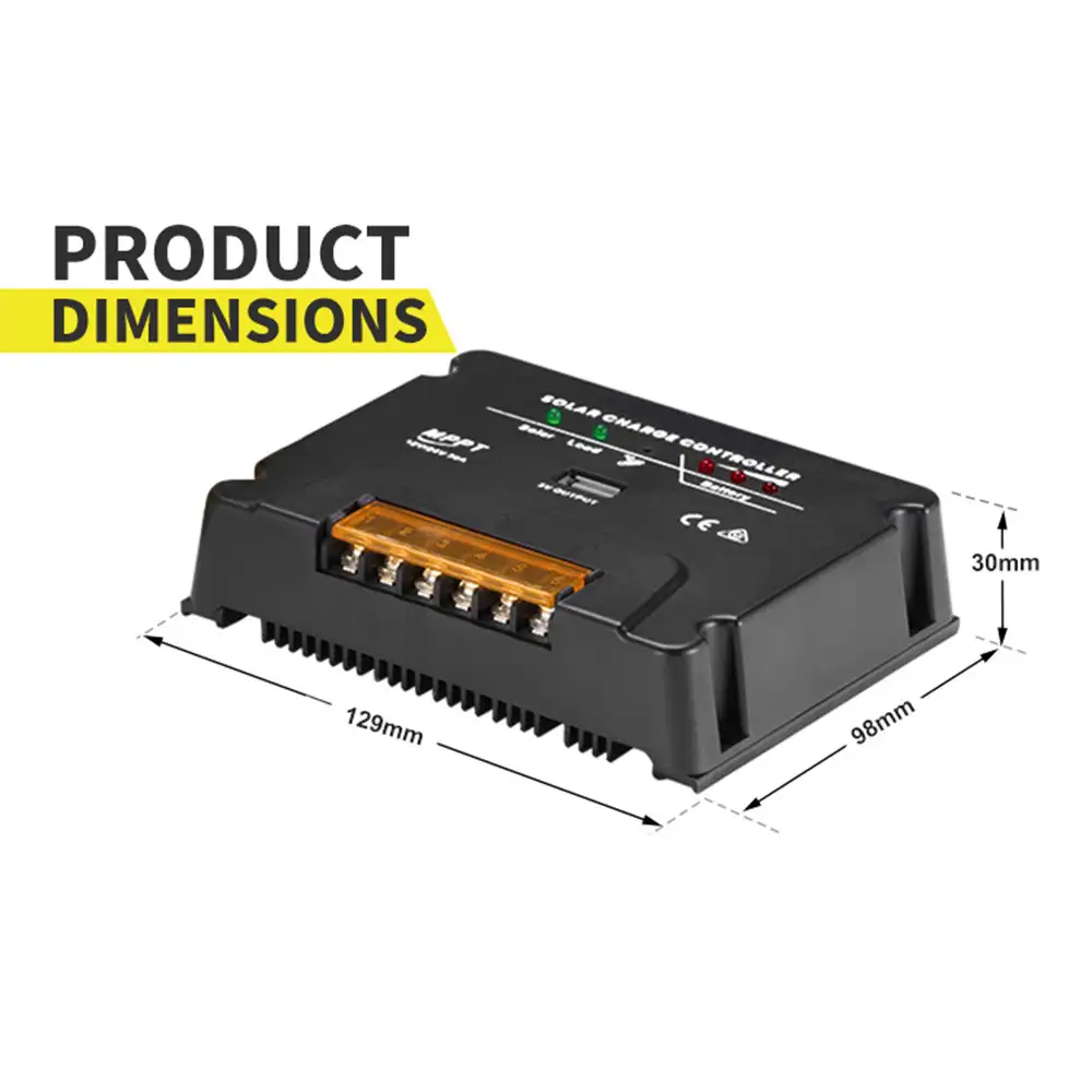 Detailed dimensions of the black 20A 12V/24V MPPT Solar Charge Controller with USB Output, showing its orange terminals and cooling fins.