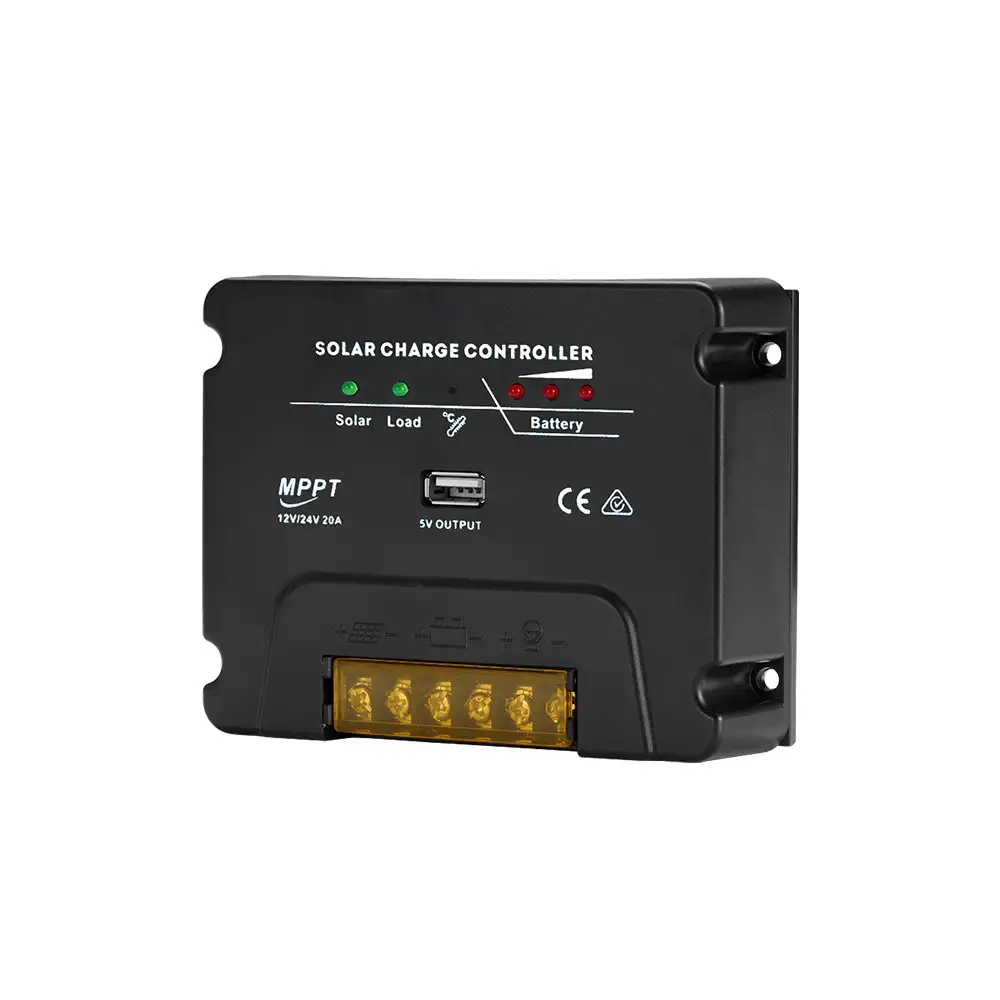 The black 20A 12V/24V MPPT Solar Charge Controller with USB Output displays green/red LED indicators, a USB-A port, and yellow screw terminals.