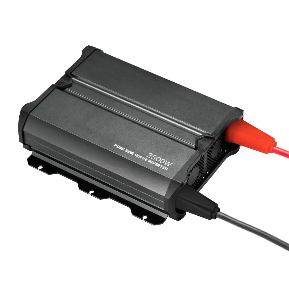 This dark gray 2500w Pure Sine Wave Inverter highlights its power input terminals with connected red and black cables, cooling vents, and 2500W label.