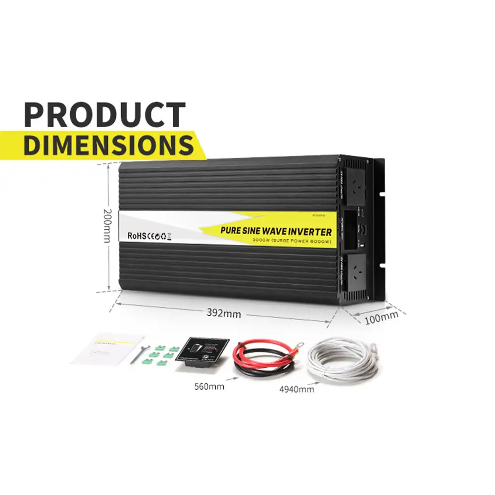 Black 3000W Pure Sine Wave Inverter with LCD Display, detailing its 392x200x100mm dimensions, separate LCD display module, and included power cables.
