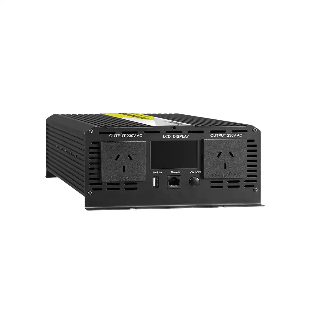 Front view of the black 3000W Pure Sine Wave Inverter with LCD Display, showing dual 230V AC outlets, USB, and On/Off switch.