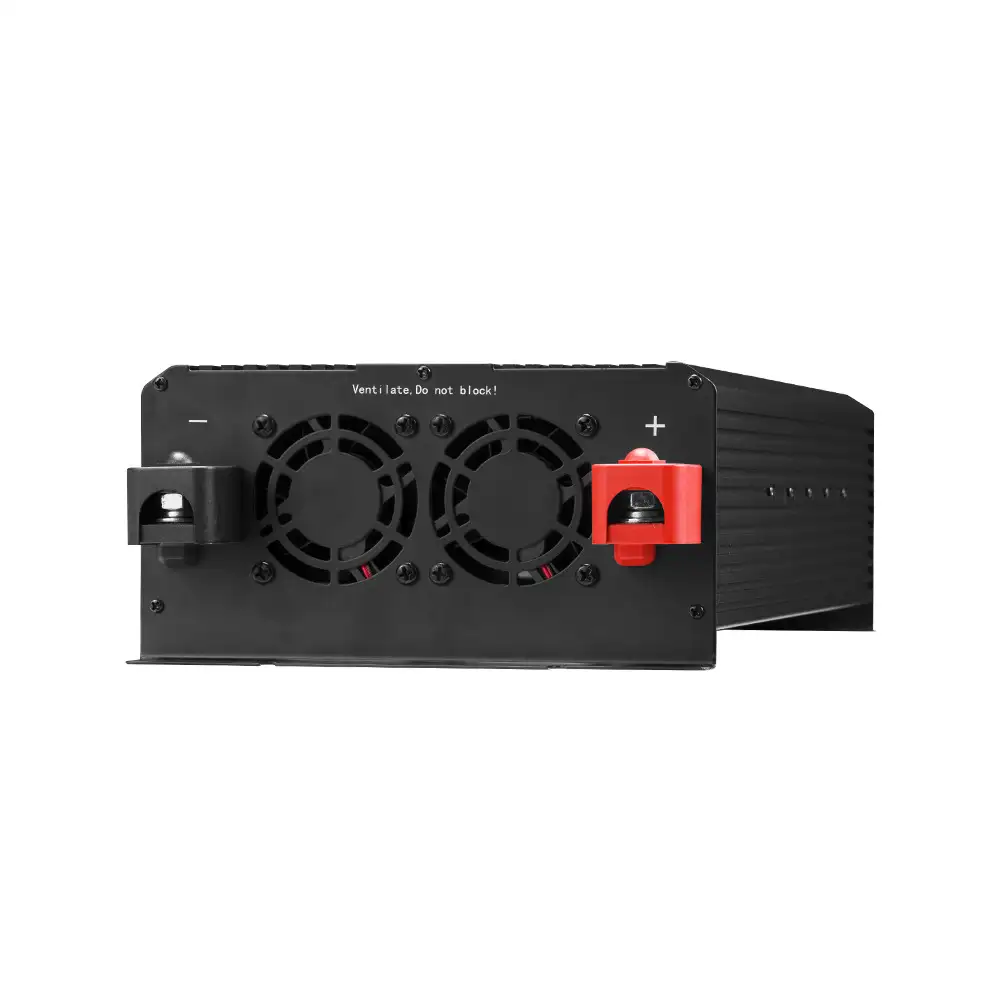 The rear view of the 3000W Pure Sine Wave Inverter with LCD Display features two black cooling fans, red and black battery terminals, and "Ventilate, Do not block!" text.