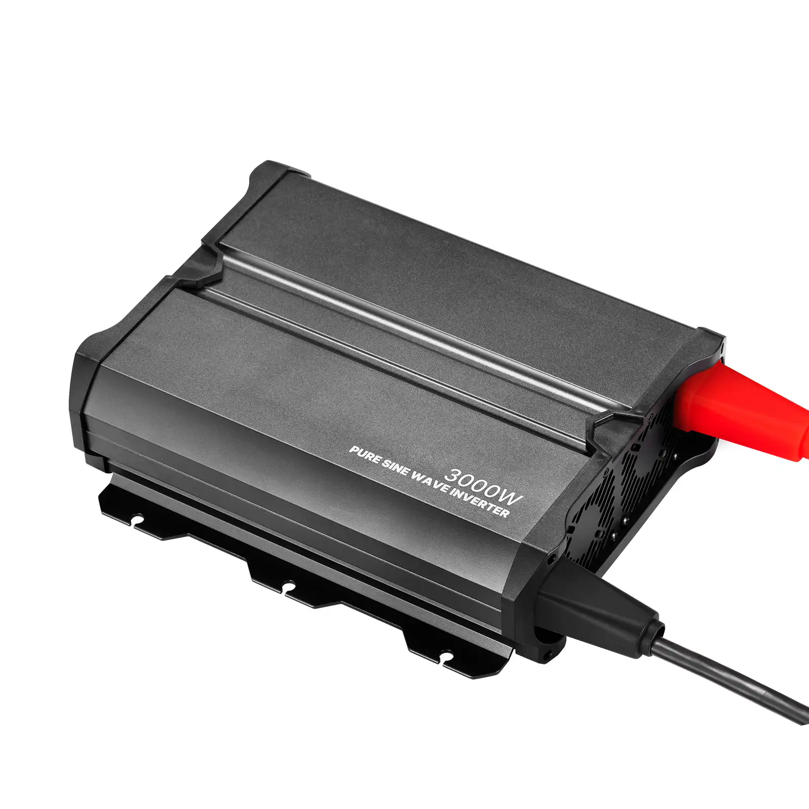 Dark metallic 3000w Pure Sine Wave Inverter displaying '3000W' text, ribbed casing, cooling vents, and a red terminal cover from an angled perspective.