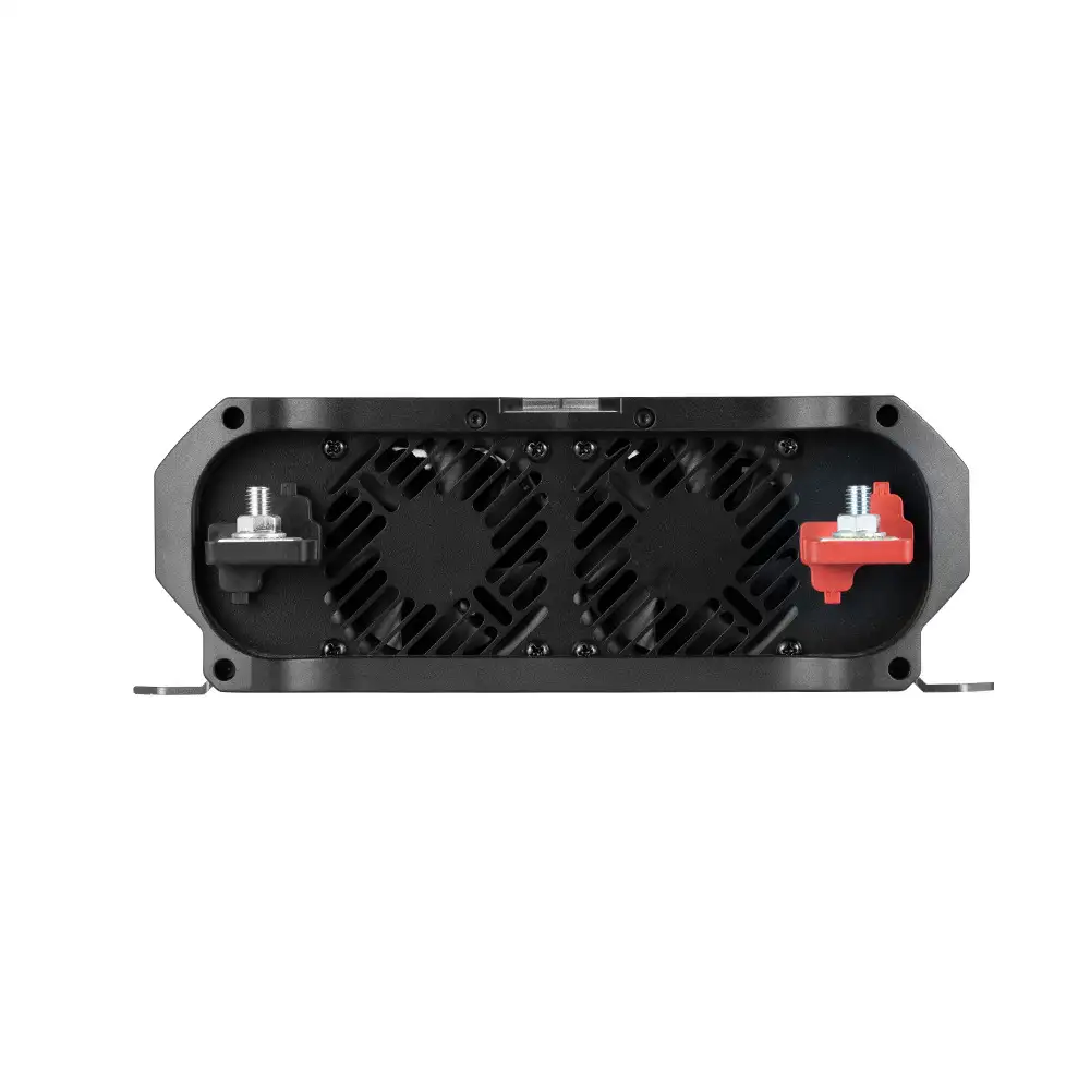 This 3000w Pure Sine Wave Inverter showcases its rear panel with dual cooling fans and distinct red and silver DC input terminals.