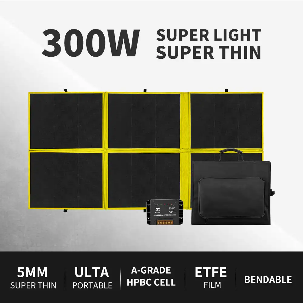 The unfolded 300W HPBC Folding Solar Panel ETFE Coating features six black cells with bright yellow trim, a charge controller, and carry bag.
