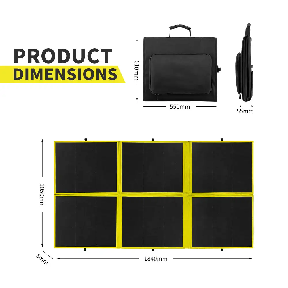 Product dimensions of the 300W HPBC Folding Solar Panel ETFE Coating, showing its compact black folded state and expansive yellow-bordered unfolded array.