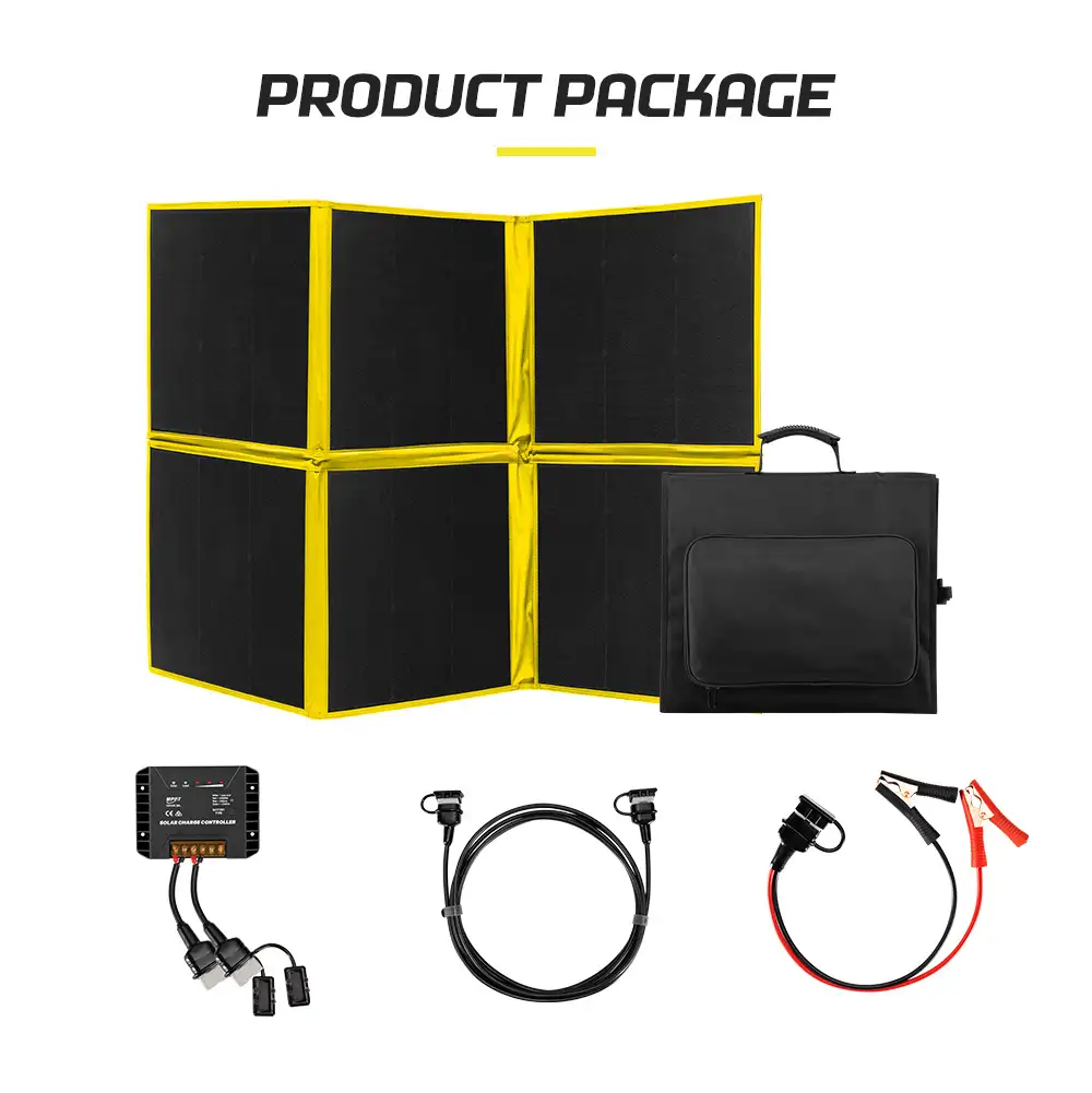 The 300W HPBC Folding Solar Panel ETFE Coating package includes the black and yellow panel, carrying bag, solar charge controller, and essential cables.