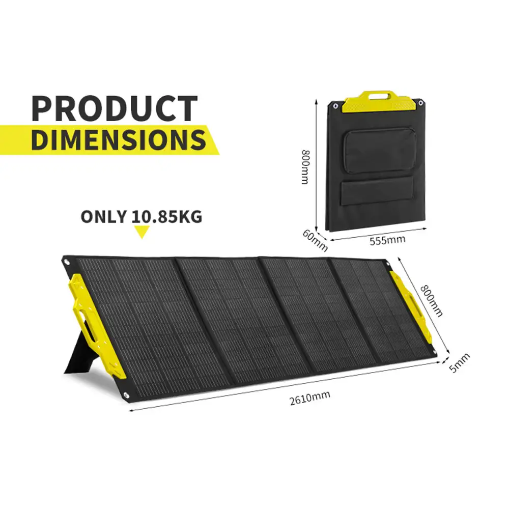 300W Monocrystalline Foldable Solar Panel with Handle and Kickstand, black with yellow accents, showing dimensions and 10.85kg weight in folded and unfolded views.