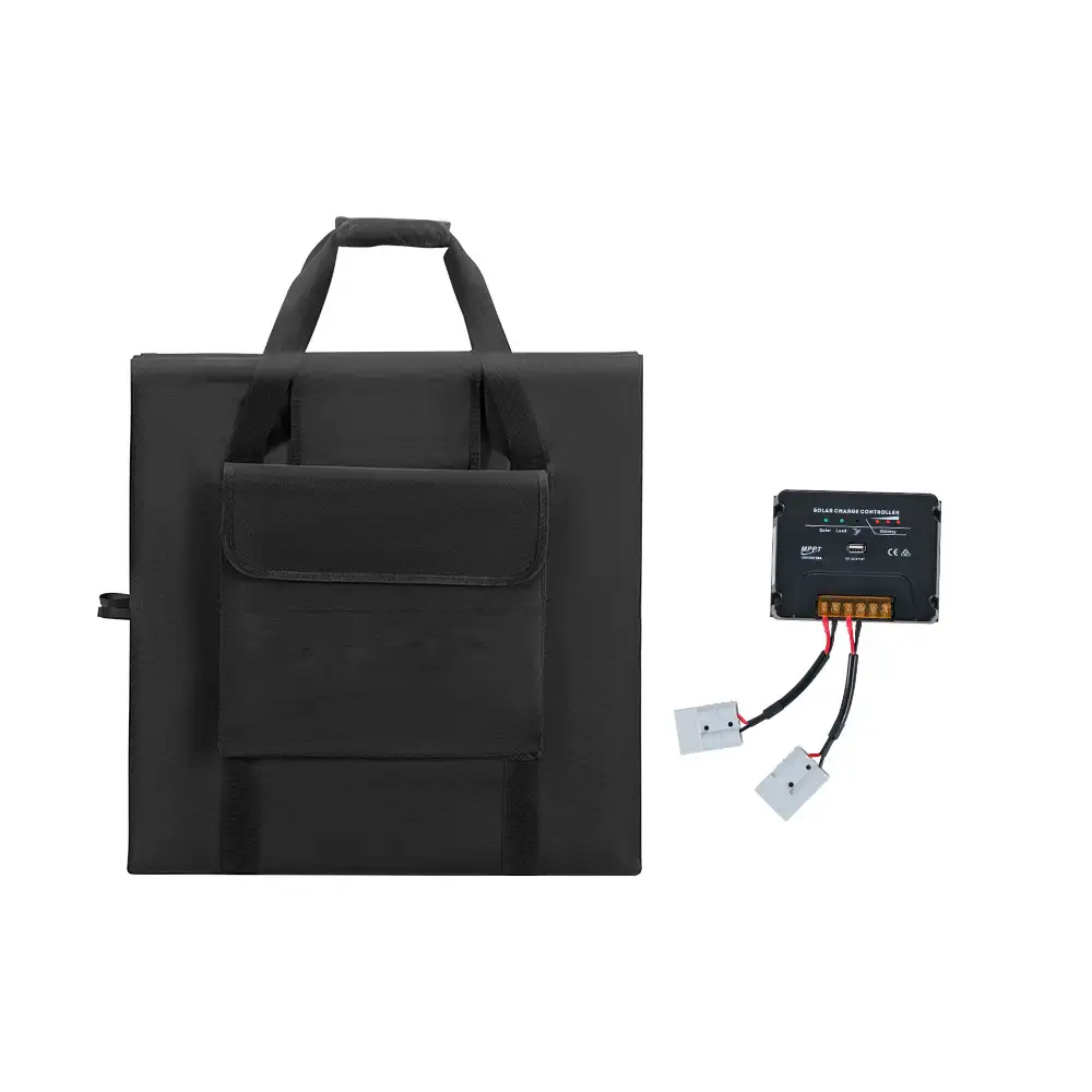 Black 300W Monocrystalline Foldable Solar Panel in its compact carrying case, with an accompanying black MPPT solar charge controller and connectors.