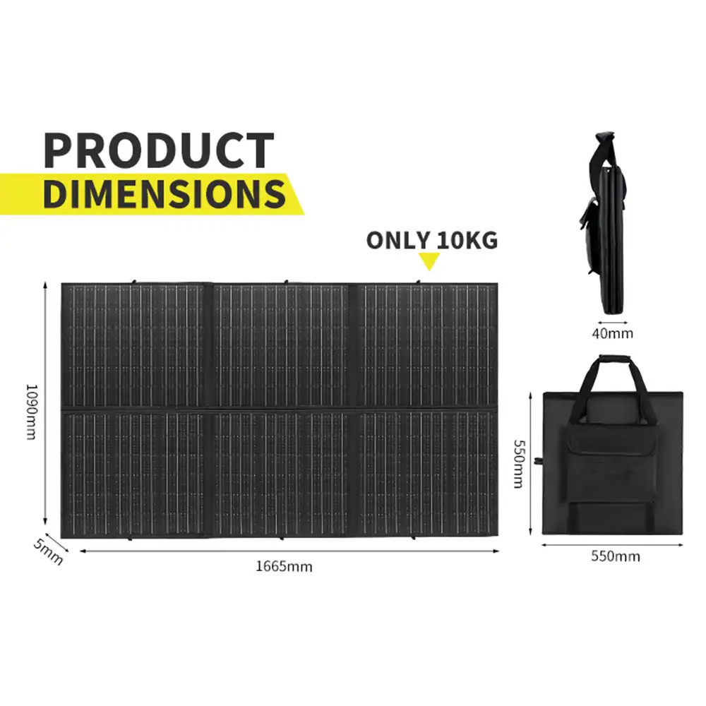 Black 300W Monocrystalline Foldable Solar Panel dimensions: 10kg weight, fully unfolded, and compact folded form with handle and pocket.