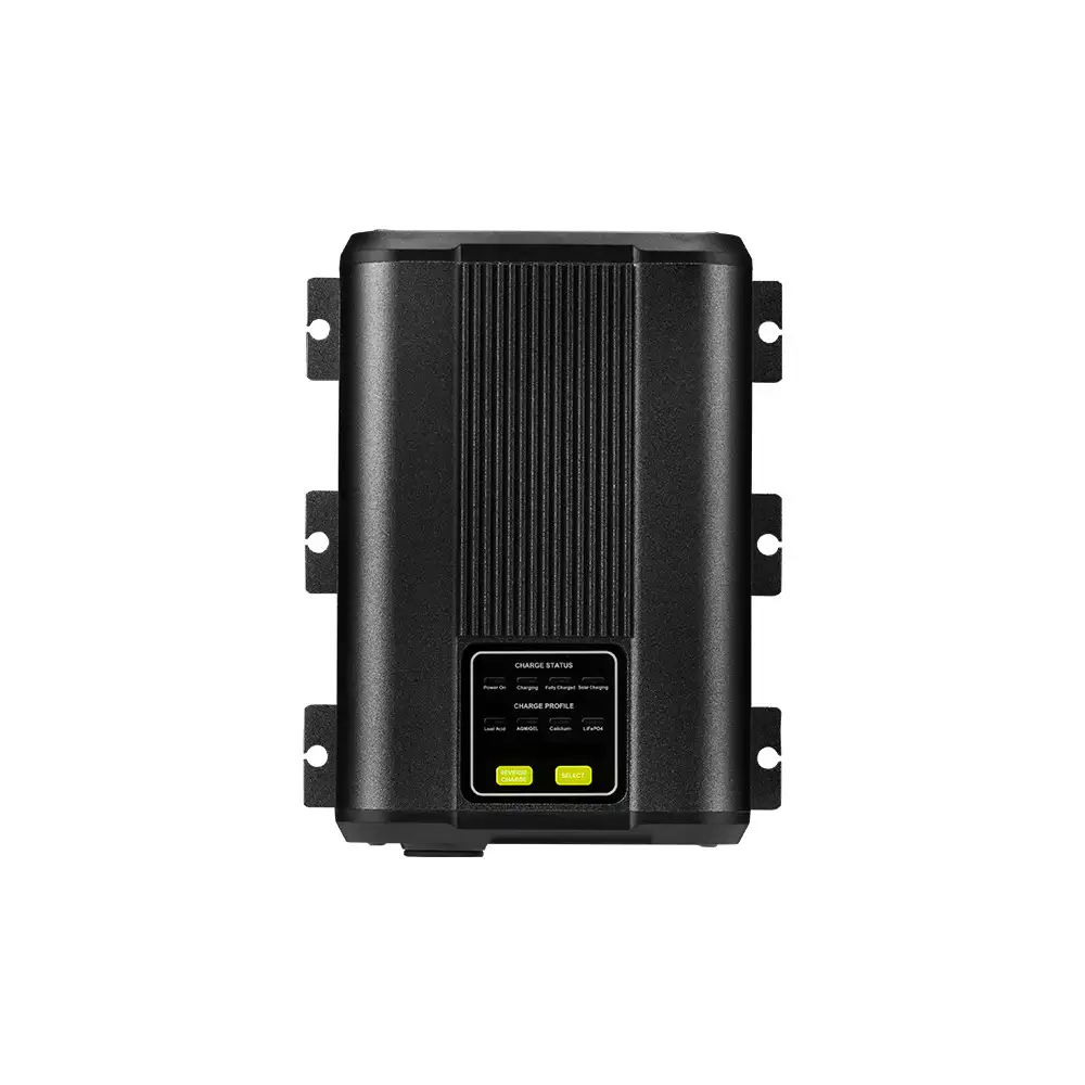 This black 30A 12V DC-DC Charger without Solar Input prominently displays 'CHARGE STATUS' and 'CHARGE PROFILE' with yellow/green selection buttons.