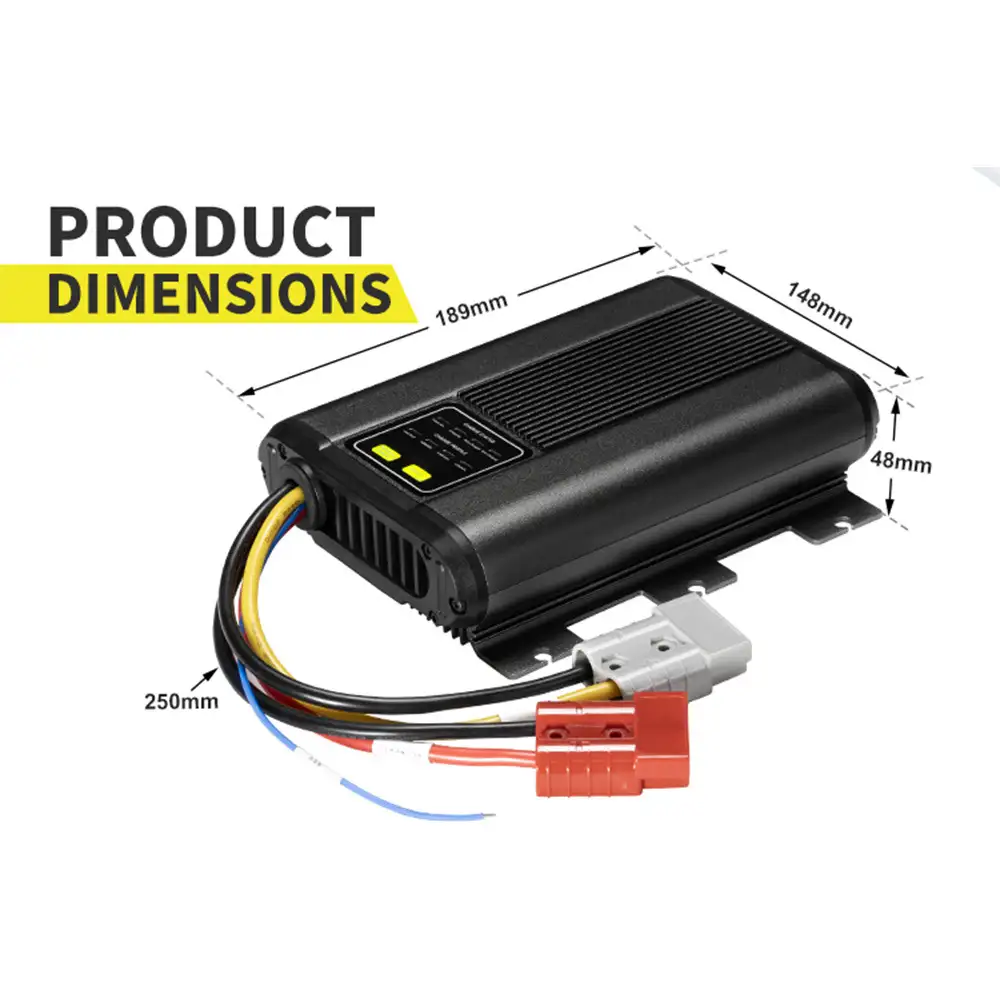 This black 30A 12V DC-DC Charger without Solar Input showcases yellow LED indicators, cooling vents, and multi-colored wires with its product dimensions.