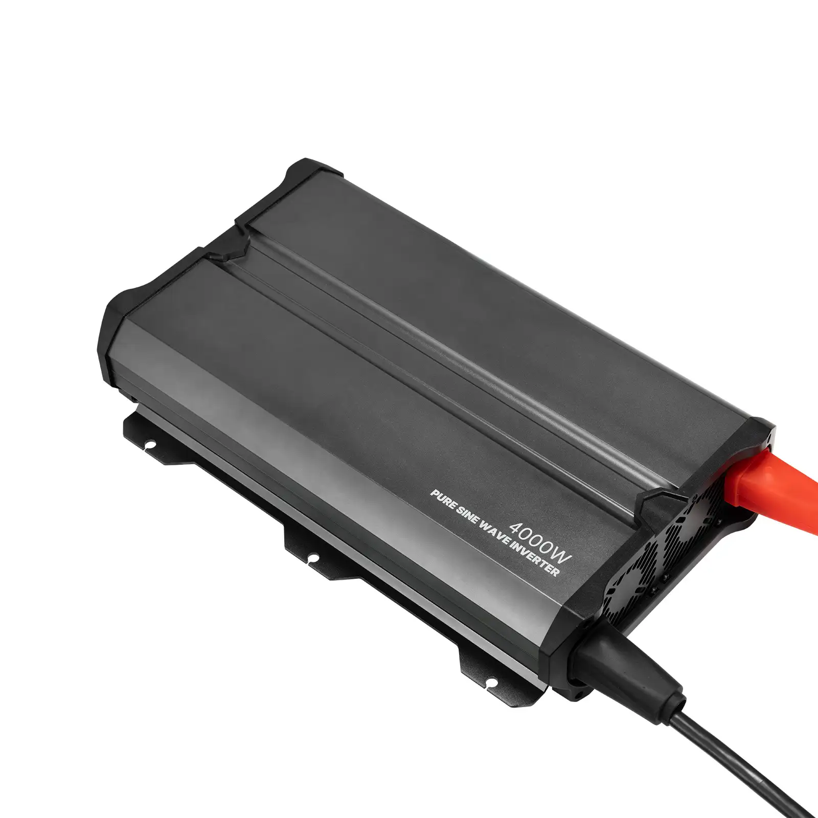A dark gray 4000w Pure Sine Wave Inverter displays its rectangular body, "4000W" text, cooling vents, and connected red and black power cables.