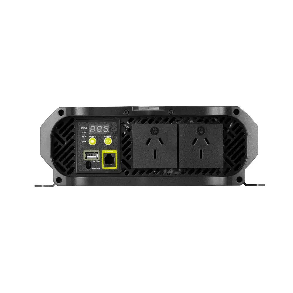 This 4000w Pure Sine Wave Inverter's black front panel features an LED display, USB, remote port, control buttons, and dual AC outlets.
