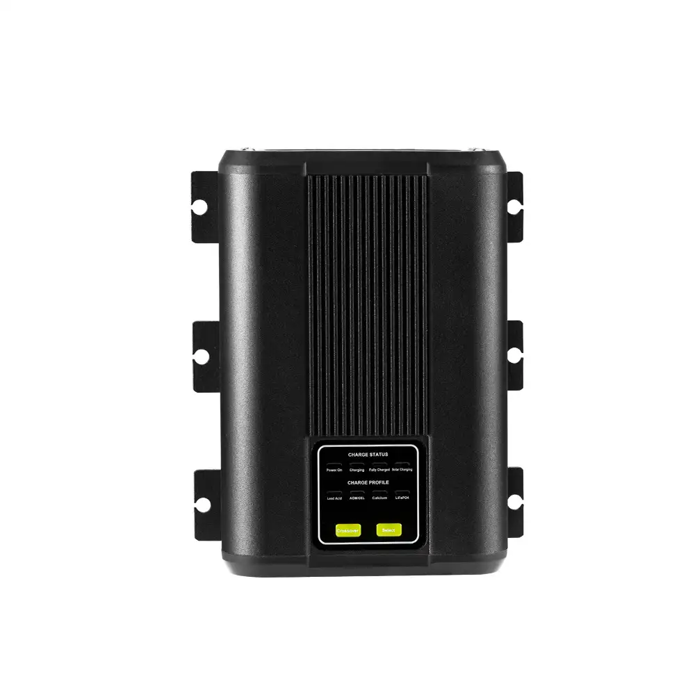 Black 40A 12V DC-DC Charger with Solar Input, featuring ribbed vents, a status panel, and green "Downward" and "Select" buttons.
