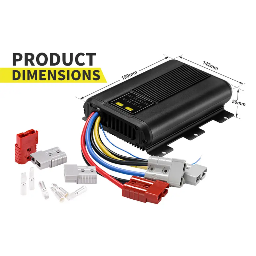 The 40A 12V DC-DC Charger with Solar Input, a black unit with cooling fins, displays its dimensions and various red and gray power connectors.