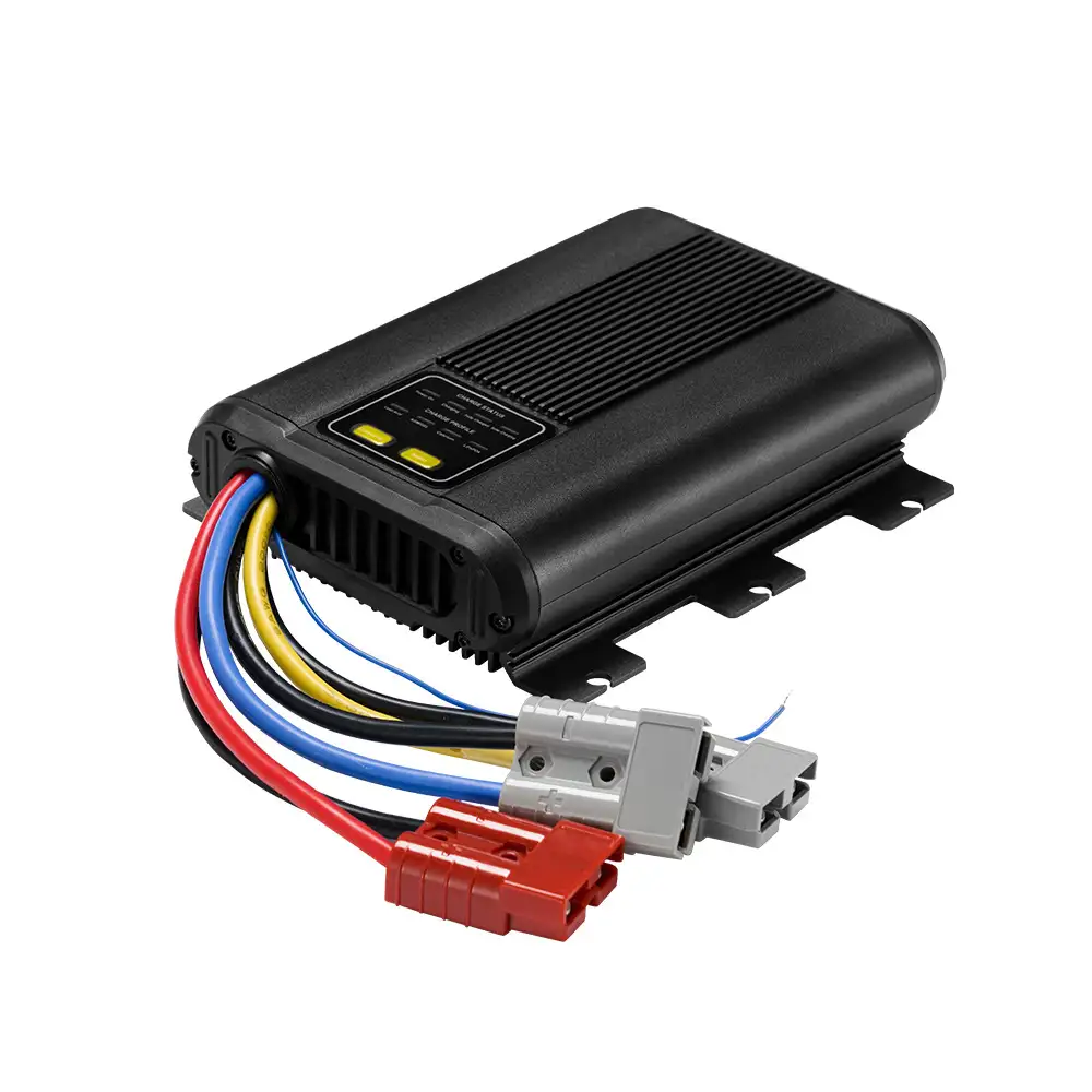 The black 40A 12V DC-DC Charger with Solar Input features cooling fins, a top status display, multi-colored wires, and red/grey connectors.