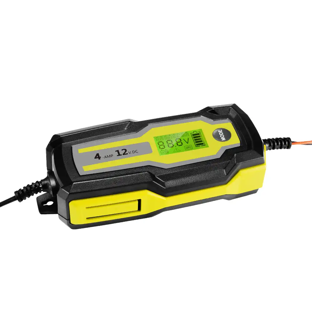 Black and yellow 4A 6V/12V AC-DC Battery Charger with LCD Display showing the bright green screen displaying '88.8V' and '4 AMP 12V.DC'.