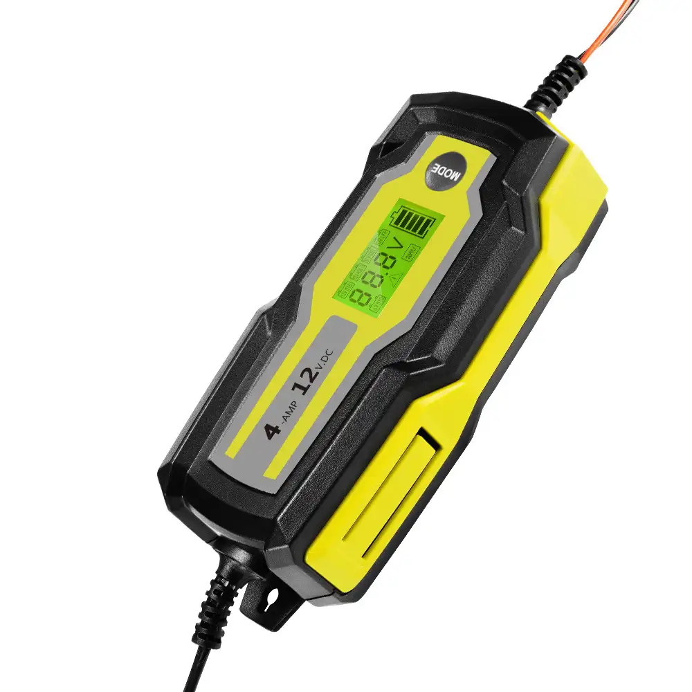 This black and yellow 4A 6V/12V AC-DC Battery Charger with LCD Display features a green screen showing 8.8V, battery status, and a 'MODE' button.