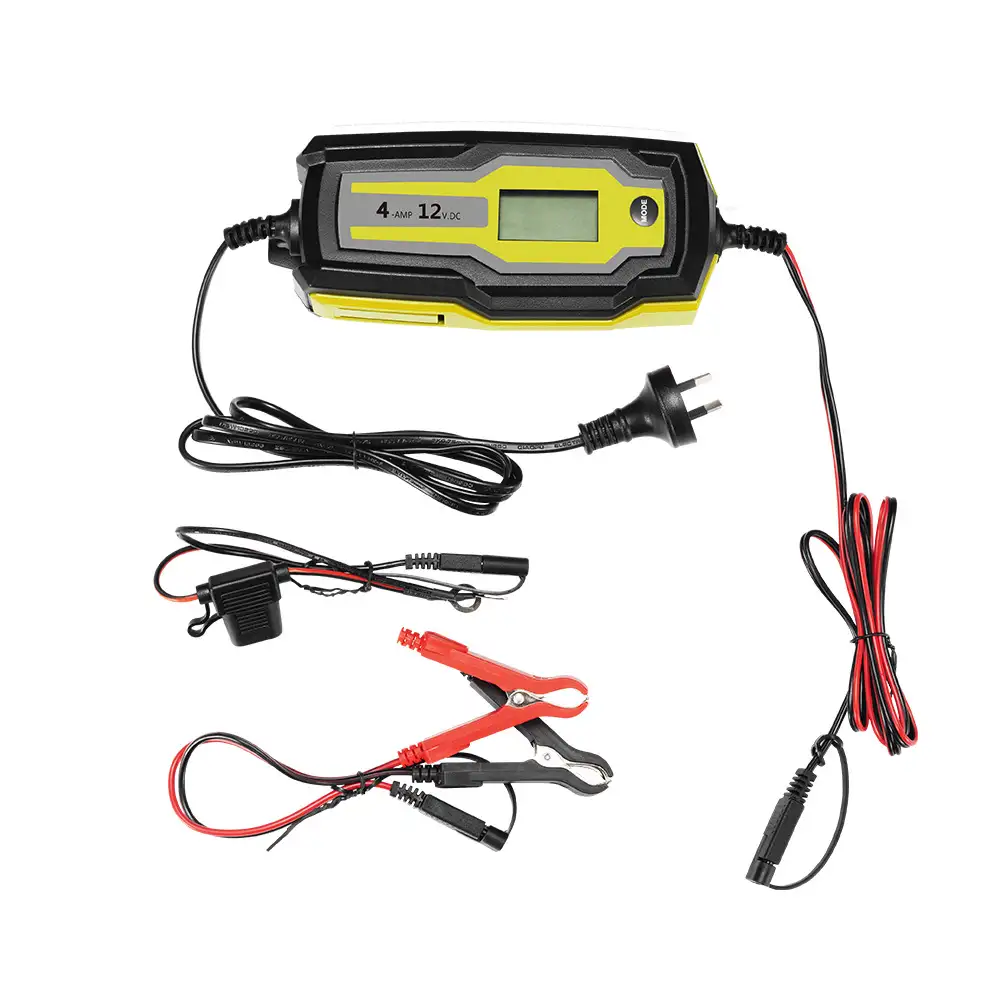 The yellow and black 4A 6V/12V AC-DC Battery Charger with LCD Display shows '4 AMP 12V DC', Australian plug, and red/black alligator clips.
