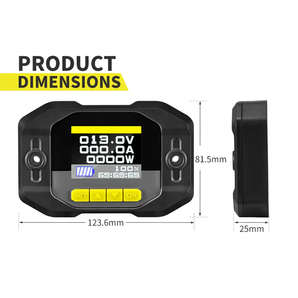 The 500A Battery Monitor LCD 12V 24V 48V is shown with its 123.6x81.5x25mm black rectangular body, yellow buttons, and detailed digital screen.