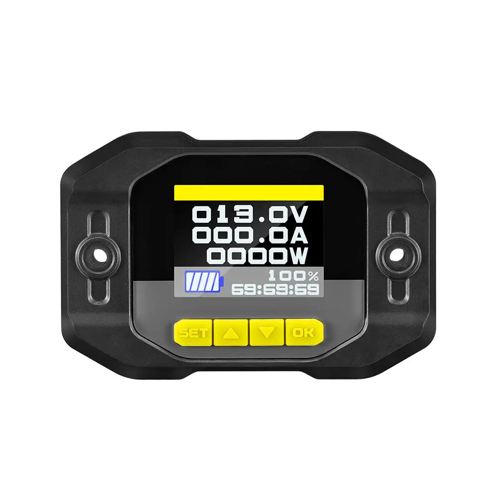 This 500A Battery Monitor LCD 12V 24V 48V features a black rugged housing, bright display showing 013.0V, 100% battery, and yellow control buttons.
