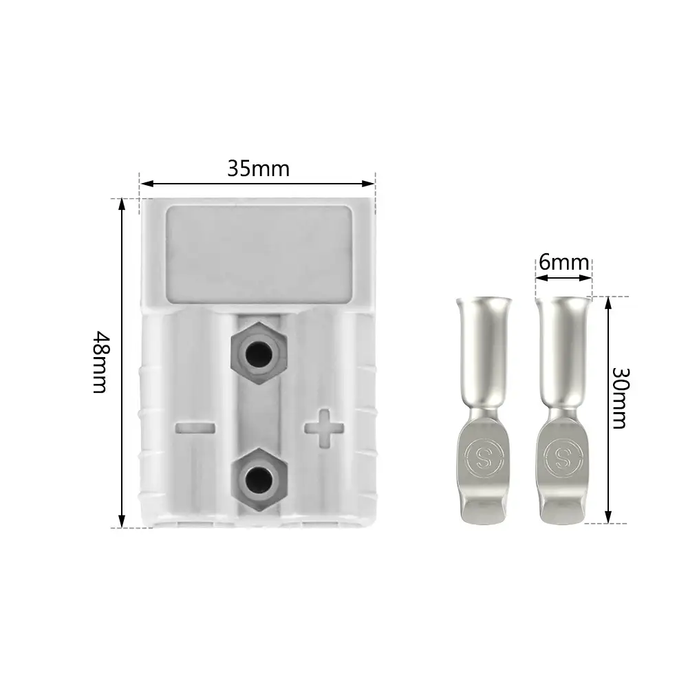 This 50A Anderson-Style DC Connector with Handle and Dust Cover details the grey housing dimensions (48x35mm) and two silver 30mm terminals with 'S' logos.