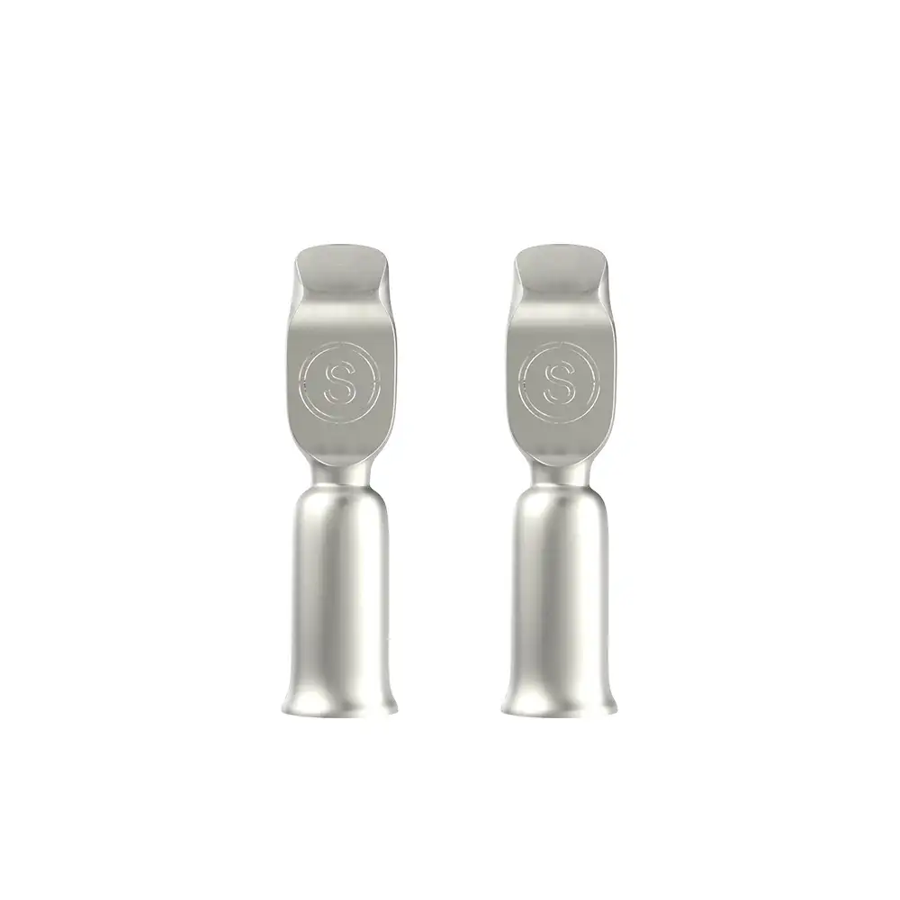 Two internal silver terminals, each embossed with an 'S', are shown for the 50A Grey Anderson-Style Connector with Dust Cover.