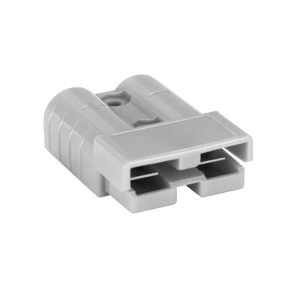 The 50A Grey Anderson-Style DC Power Connector displays its dual terminal ports and light grey, robust housing from an angled view.