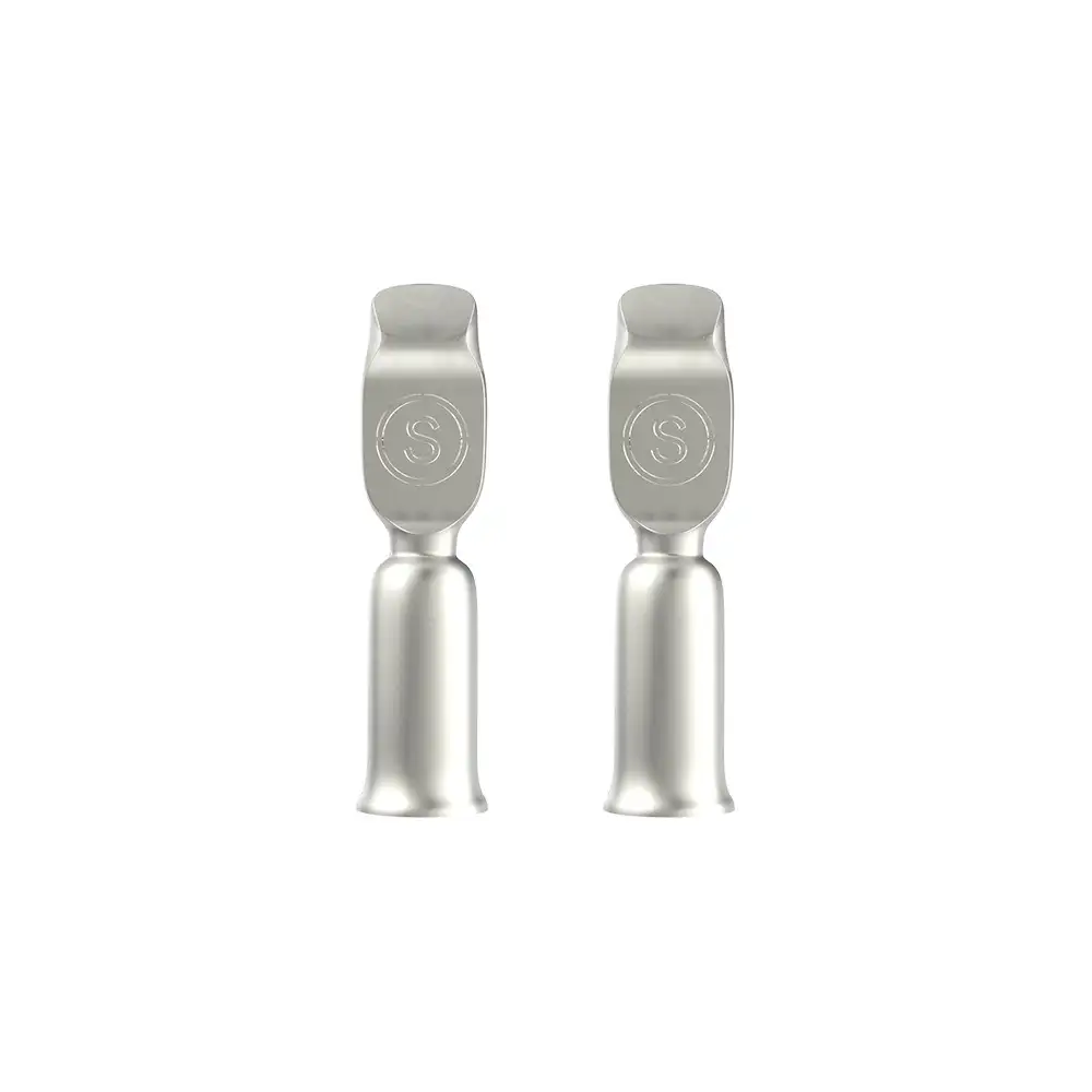 Two silver crimp contacts for a 50A Grey Anderson-Style DC Power Connector feature distinctive embossed 'S' logos.