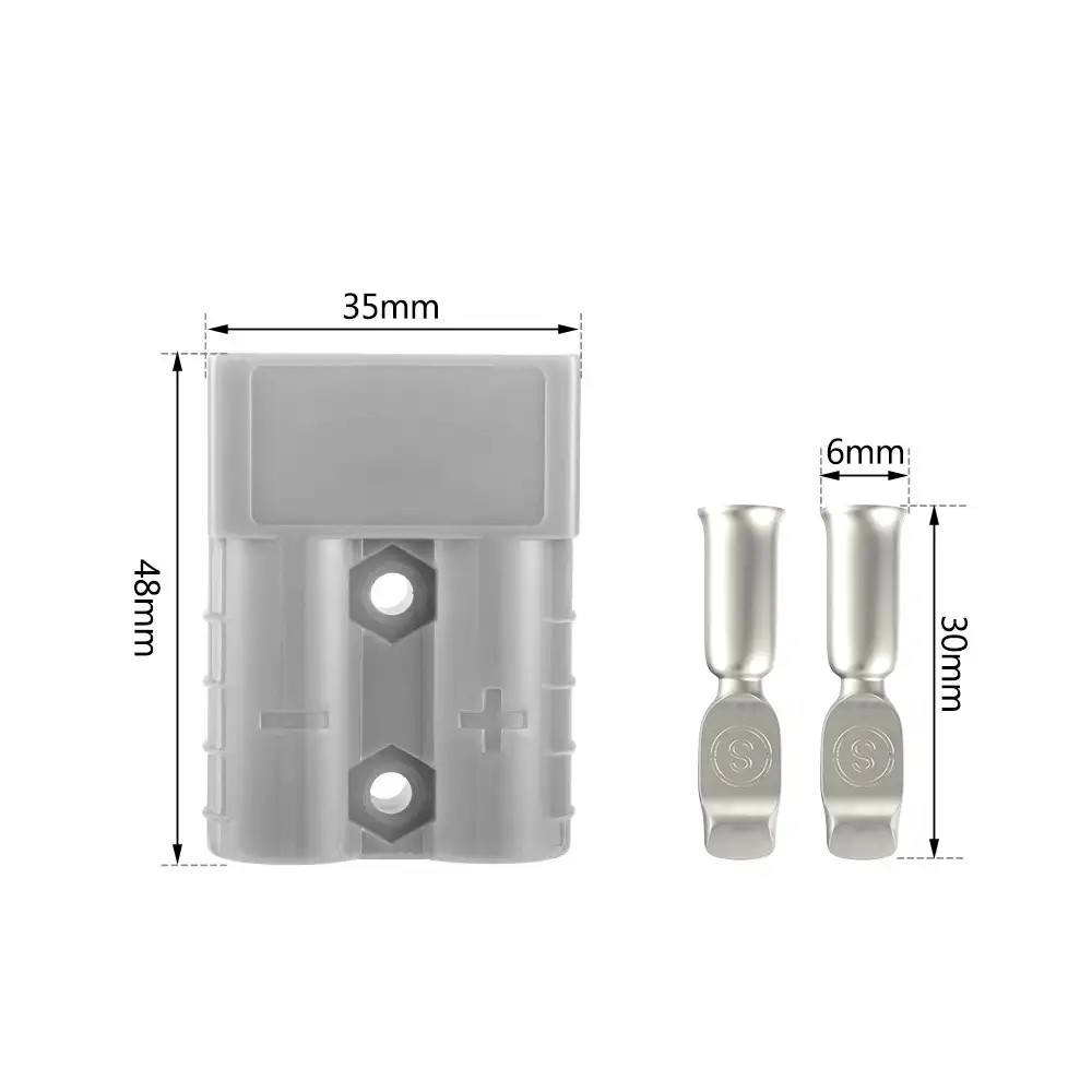The 50A Grey Anderson-Style DC Power Connector features its grey housing with polarity markings and two metal pin terminals, detailed with dimensions.
