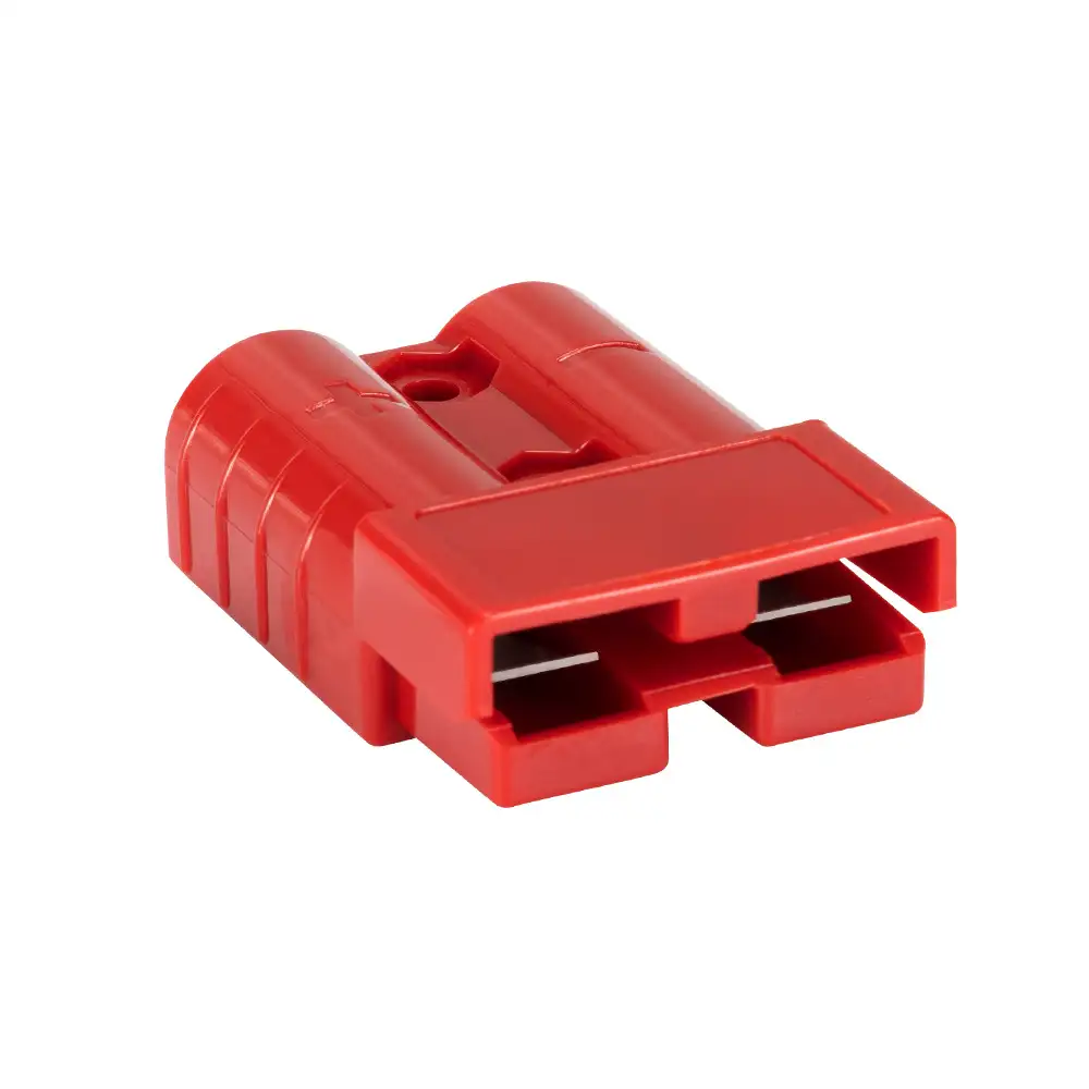 A front-angled view of the 50A Red Anderson-Style DC Power Connector shows its durable red housing and dual exposed terminal contacts.