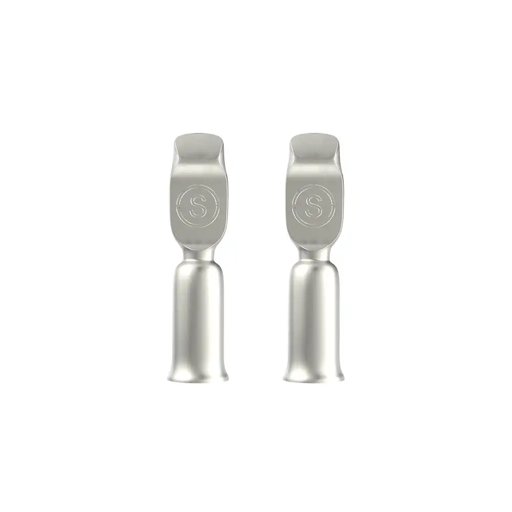 Silver-plated contacts for the 50A Red Anderson-Style DC Power Connector, featuring an embossed 'S' logo on each flat terminal.