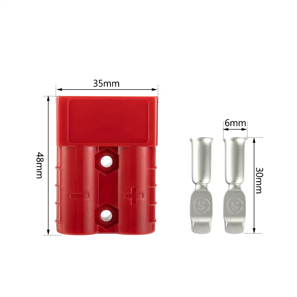 The 50A Red Anderson-Style DC Power Connector, 48x35mm, features its red body with polarity ports and two 30mm silver spade terminals.