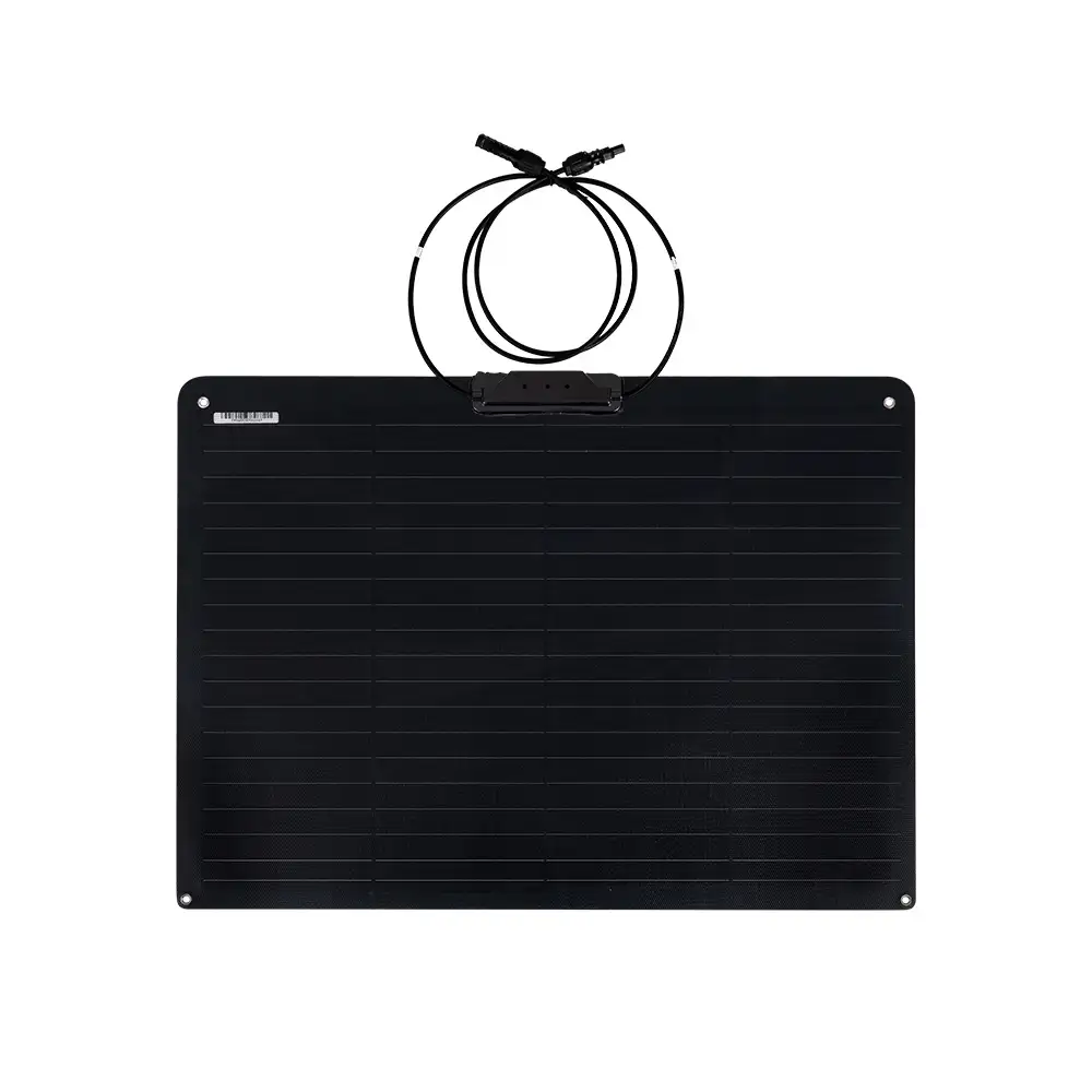 This black, rectangular 55W Shingled Flexible Solar Panel with ETFE Coating displays a top junction box, coiled MC4 cables, and four corner grommets.
