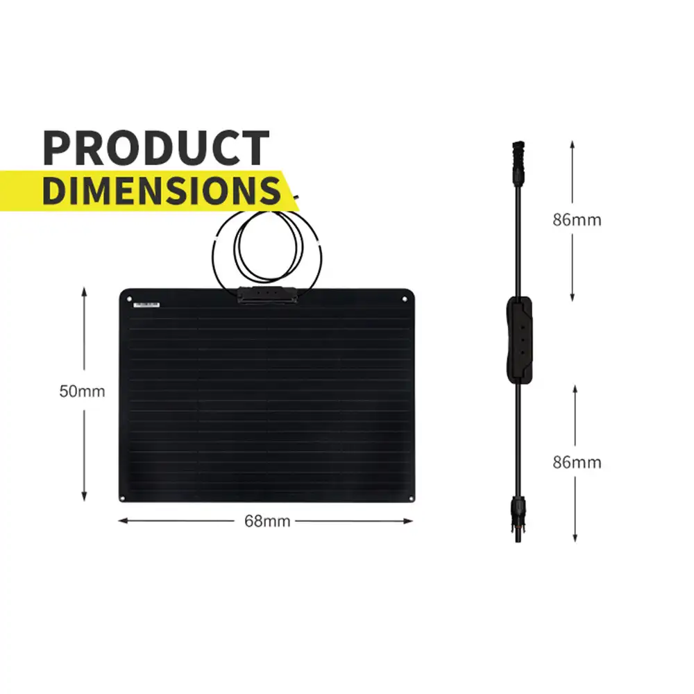 Black 55W Shingled Flexible Solar Panel with ETFE Coating shown with precise 50x68mm dimensions and an attached 86mm connector cable.